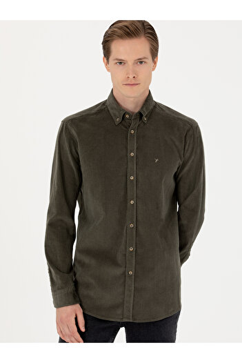 Cacharel Haki Regular Fit Uzun Kollu Kadife Gömlek 50278523-VR027