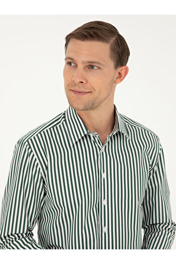 Cacharel Koyu Yeşil Slim Fit Pamuklu Çizgili Gömlek 50291360-VR079
