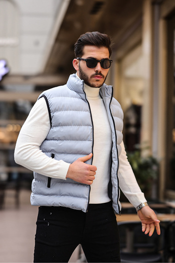 TREND YAŞAR Men's Sleeveless Zippered Pocket Basic Gray Puffer Vest