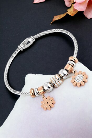 Daniel Klein Rose Colored 100% Stainless Silver Daisy Figured Women's Bracelet - Dkkblk2008C4