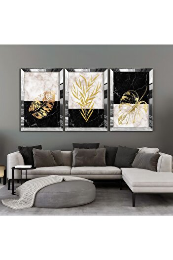 Harikabirev Harikabi̇rev - Gold-Black Marble Patterned Leaf Combination |   Plexi Framed Mdf Table Krfz