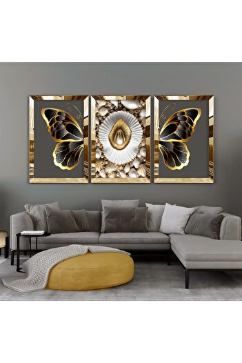 Harikabirev Harikabi̇rev Black-Gold-Grey Butterfly Combination - Plexi Framed Mdf Painting Krfz