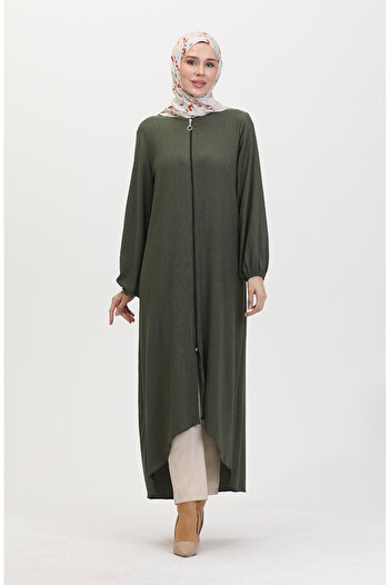 sefamerve Khaki Asymmetric Cut Zippered Tunic - 1047-02