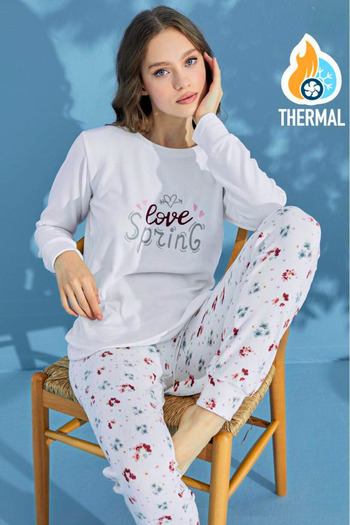 İYİBU Set de pijamale termice moale din bumbac cu tematică albă de toamnă