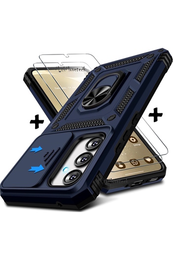 m.tk moveteck For Samsung Galaxy S24 Fe Case with Camera Protection Sliding Ring Armor Armor Cover+9H Screen Protector Glass