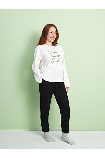 LC Waikiki Σετ γυναικείες πιτζάμες με στάμπα Lcw Petite Crew Neck