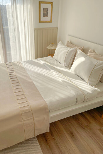 RİTMOHOME Gold Piping Cream Bed Runner & Large Size Pillowcase Set Double Bedspread