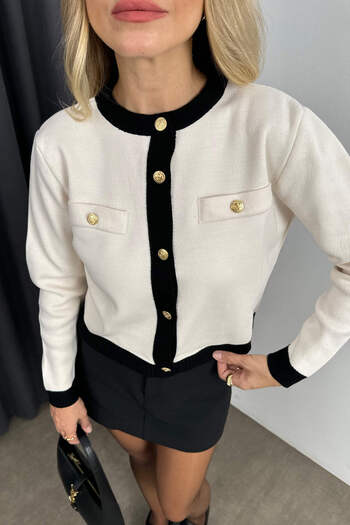 Sue Store White Black Gold Buttoned Premium Knitwear Cardigan