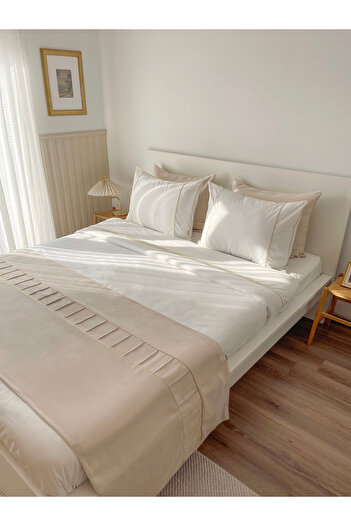 RİTMOHOME Gold Piping Cream Bed Runner & Large Size Pillowcase Set Double Bedspread