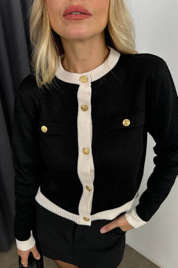 Sue Store Black White Gold Buttoned Premium Knitwear Cardigan