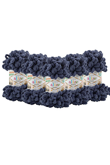 Alize Pack of 5 Puffy Hand Knitting Yarn - 900 dark blue - 100Gr.9 Mt.Finger Knitting Rope
