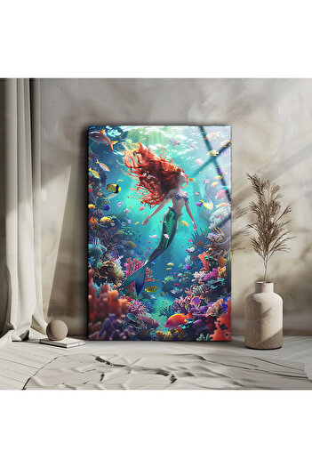 indispensablely Mermaid Glass Wall Decor , Modern Glass Painting , Ready to Hang , Uv Print on Tempered Glass