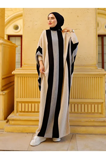 SAHRA BUTİK Πέτρινο Πλεκτό Φόρεμα με νυχτερίδα - Sahra Boutique
