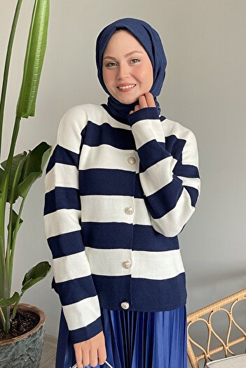 InStyle Πλεκτή ζακέτα Navy Blue - Χρυσό Κουμπιά και Ριγέ