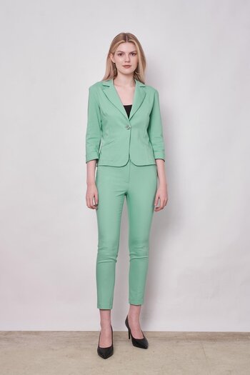 Jument High Waist Thick Belted Pocket Narrow Leg Ankle Length Cotton Lycra Fabric Trousers -mint