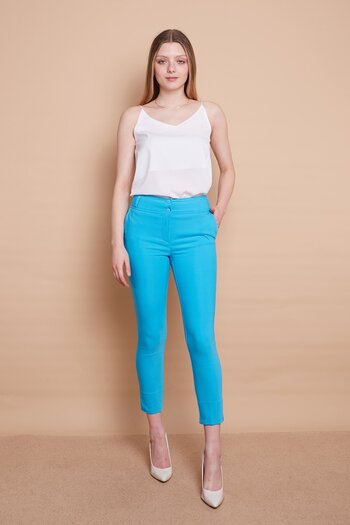 Jument High Waist Pocket Slit Ankle Length Lightweight Lycra Fabric Stylish Office Trousers - turquoise