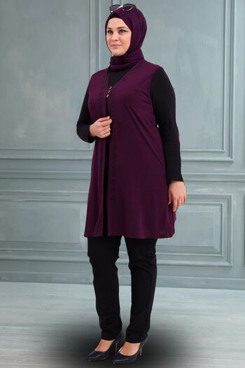Ferace Women's Hijab Lycra Buttoned Long Mother Vest Plum