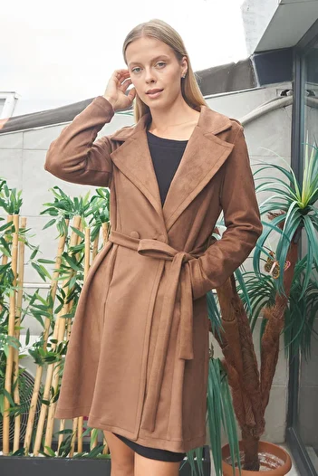Jument Light Suede Fabric - Double Breasted Pocket Long Sleeve Knee Length Women's Trench Coat - Brown