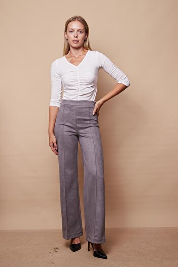 Jument Light Lycra Suede Palazzo Trousers with High Waist and Front Stitching - Gray