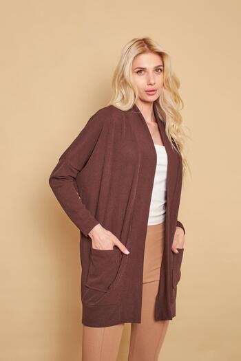 Jument Shawl Collar Bat Pocket Long Sleeve Casual Oversize Light Lycra Knitwear Cardigan-Brown