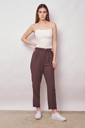 Jument High Waist Linen Trousers - Pleated and Belted, Boyfriend Cut, Brown Color