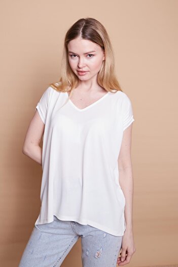 Jument Lycra Crepe Fabric V-Neck Casual Side Slit Oversize Μπλούζα-κρέμα