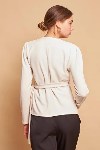 Jument Double Breasted Wrap Side Adjustable Tie Long Sleeve Light Lycra Knitwear Blouse-Champagne