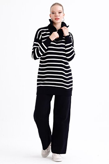 MD trend Women's Zippered Collar Striped Oversize Sweater and Trousers Double Knitwear Set