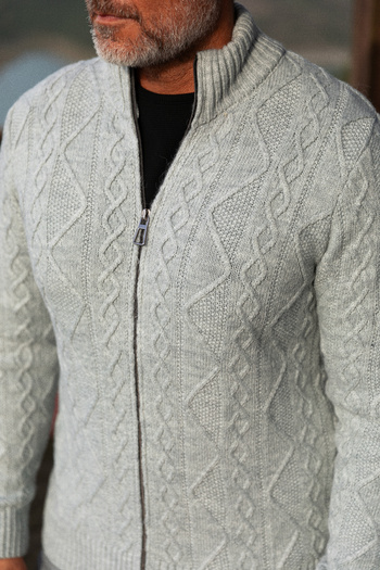 Mcr Braided Slim Fit Judge Collar Zippered Wool Men's Knitwear Cardigan Light Gray - 11236.23K
