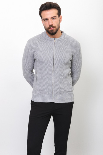 Mcr Patterned Slim Fit Judge Collar Men's Cardigan Light Gray - 11233.22K