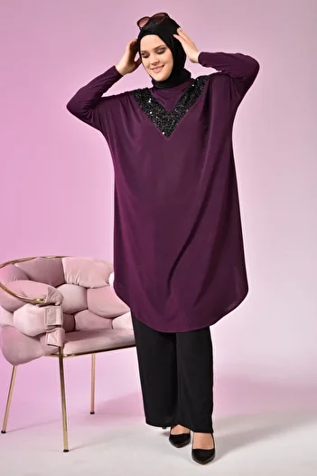 Ferace Large Size Shirt Long Women's Sequined Bat Sleeve Tunic Plum