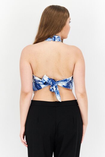 Royalty By Maluma Women Halter Neck Sleeveless Abstract Print Satin Top, Blue Combo