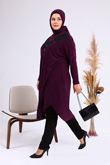 Ferace Long Sleeve Large Size Women's Sequin Hijab Tunik Plum