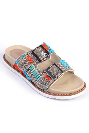 ShoeTek Papuci de damă Lerea Beige - Bandă dublă, cataramă și detaliu din piatră