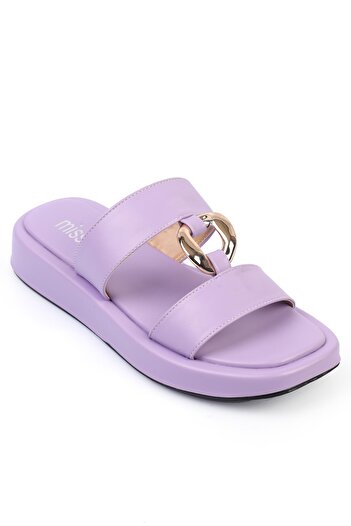 ShoeTek Fisheda Kadın Terlik Çift Bantlı Orta Tokalı Lila Deri