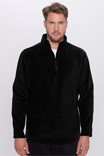 Tudors Unisex Standart Fit Rahat Kesim Tüylenme Yapmayan Soğuk Geçirmez Siyah Dik Yaka Polar Sweatshirt