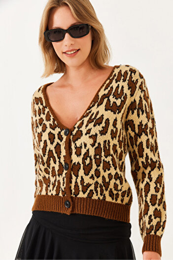 Bianco Lucci Women's V-Neck Leopard Patterned Three-Button Knitwear Cardigan 20247537