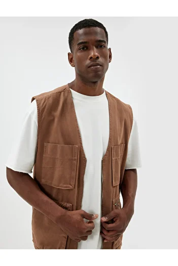 Koton Cotton Slim Fit Vest - V-neck, Pocket and Zipper