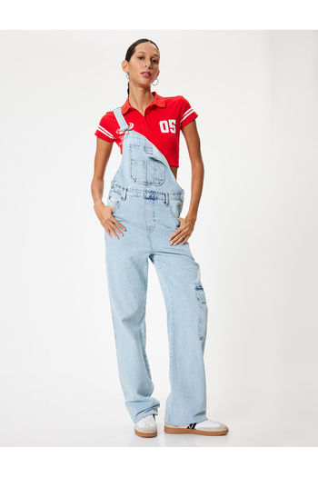 Koton Salopetă confortabilă pentru grădinar cu guler pătrat - Detaliu de buzunar din denim