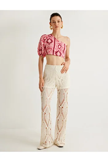 Koton Melis Ağazat - One-Shoulder Ethnic Patterned Slim Fit Crop Blouse