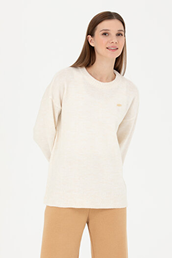 U.S. Polo Assn. Pulover de damă ecru cu guler rotund 50277265 -VR019