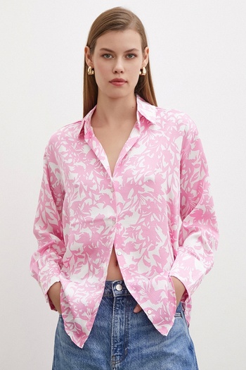 Never more Pink Patterned Satin Shirt - Wafer Model