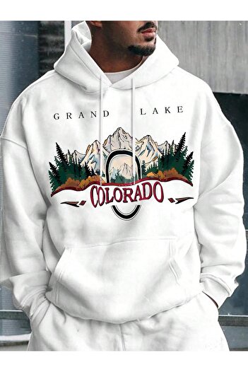 PENTHİLUS GRAND LAKE COLORADO μπροστινή στάμπα λευκή υπερμεγέθη φούτερ με κουκούλα