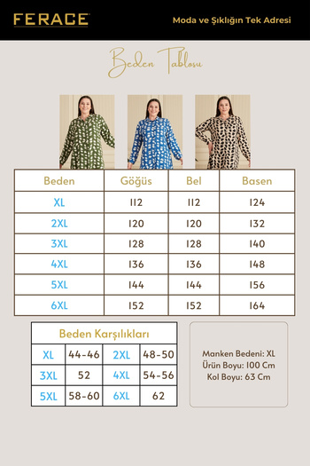 Ferace Women's Hijab Plus Size Brush Patterned Long Shirt Tunic