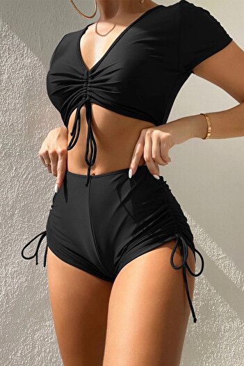 Angelsin Special Design Half Sleeve Ruffle Detailed Bikini Top