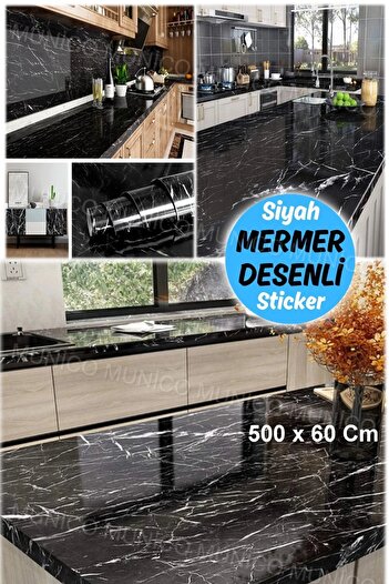 Gaggani Siyah Mermer Görünümlü Yapışkanlı Folyo Siyah Mermer Desenli Kaplama – 5 Metre PVC Yapışkanlı Film