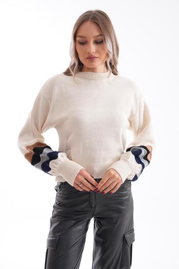 ŞİMAL Women's Knitted Sweater with Patterned Sleeves 245145   -