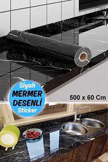 Gaggani Siyah Mermer Görünümlü Yapışkanlı Folyo Siyah Mermer Desenli Kaplama – 5 Metre PVC Yapışkanlı Film