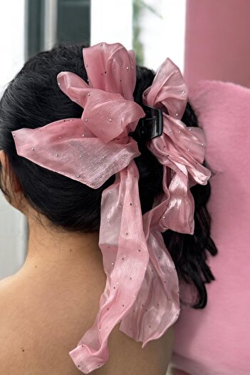 TAKIŞTIR Pink Color Ribbon Figured Stone Detailed Latch Buckle