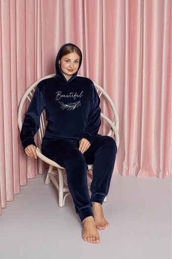 Lady Navy Blue Plus Size Velvet Pajama Set